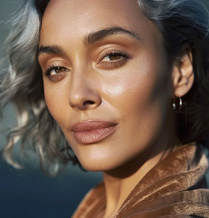 Close-up of a woman with light grayish-silver curly hair and smooth, light brown skin. She has well-defined eyebrows, light brown eyes, and wears natural, neutral-toned makeup with rosy-brown lips. She is wearing gold hoop earrings and a light brown textured garment. The background is a blurred dark bluish-gray, with soft natural lighting suggesting an outdoor or well-lit setting. - Laser Skin Resurfacing CO2 ER YAG Laser in West Jordan, UT